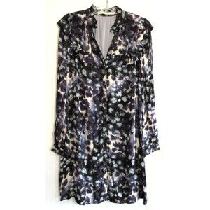 Marie Oliver Blue Speckle Rhodes Long Sleeve Button Down V Neck Dress Size L EUC